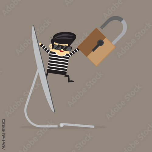 Simple cartoon of thief and computer security / Vector illustration