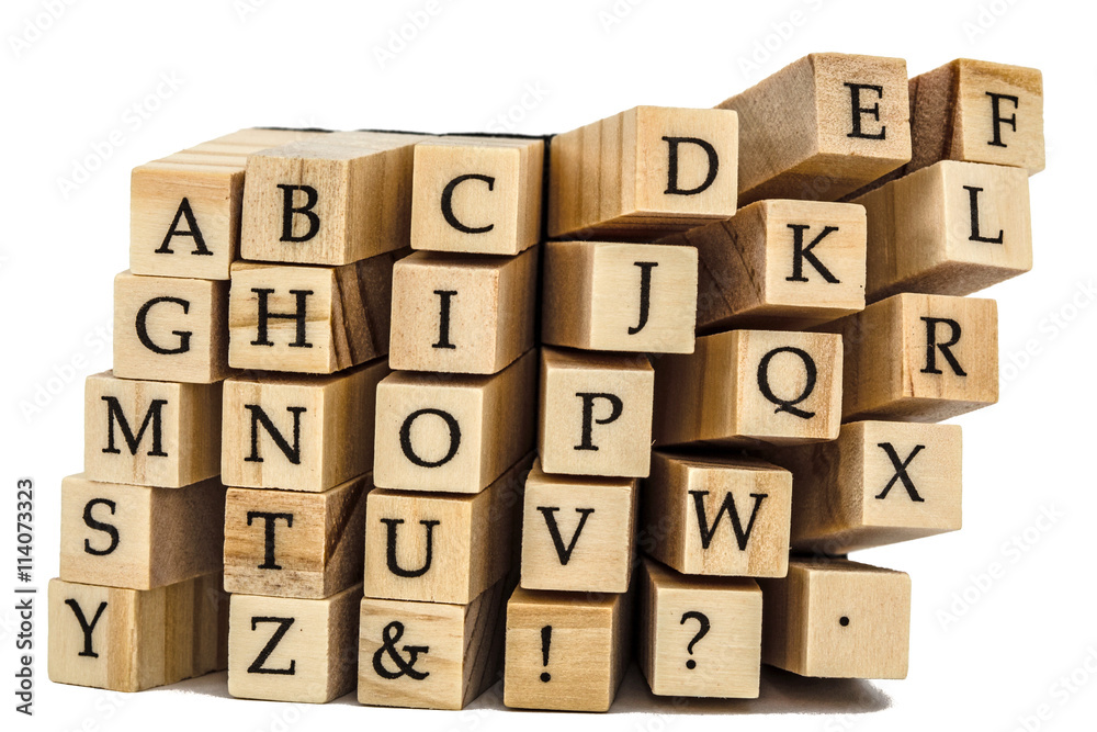 Letters of the English alphabet on the ends of wooden bars, isol Letters of the English alphabet on the ends of wooden bars, isol