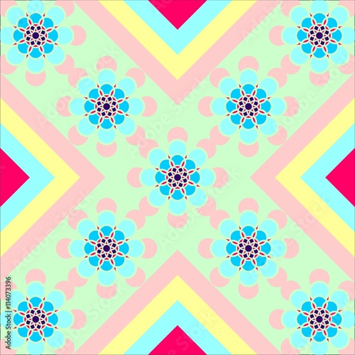 Combination of square and round shapes and symmetrical geometric figures setting imitating ancient tiles pale yellow pink and green