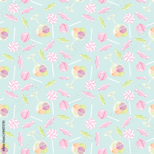 Seamless pattern with candy and ice cream on light blue background