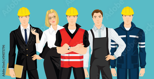 Group of professional people. Vector illustration of factory worker in uniform on color background. Man in protective wear and yellow safety helmet. Construction team