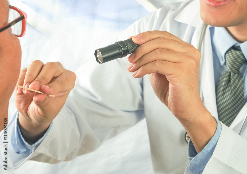 doctor checking mouth throat adult patient on modern hospital background doctor checking mouth throat adult patient on modern hospital background