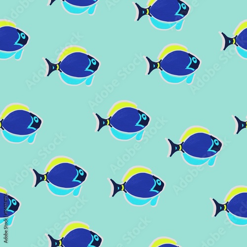 Seamless pattern fish in oil blue, vector, hand drawn in oil