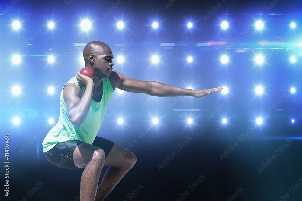 Composite image of sportsman practising the shot put