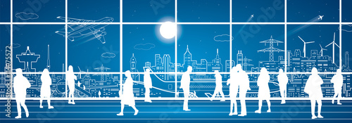 Airport panorama, aircraft on runway, airplane takeoff, airport terminal, people expect flight,  city infrastructure on background, vector design
