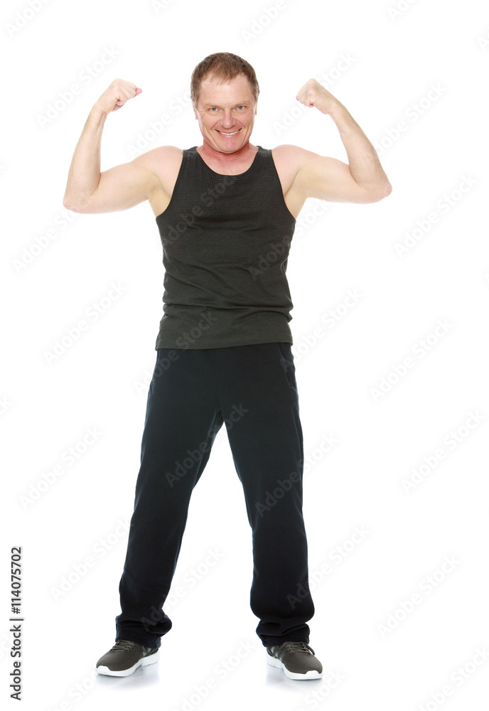 A 50 year old man does morning exercises-Isolated on white background A 50 year old man does morning exercises-Isolated on white background