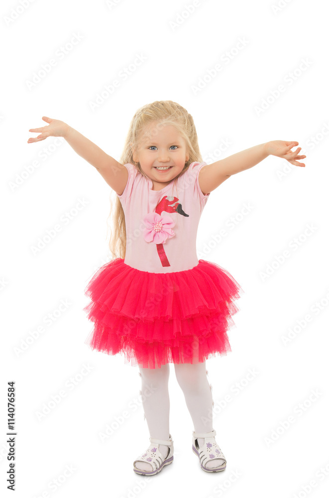 Joyful little girl stretches hands forward - Isolated on white background Joyful little girl stretches hands forward - Isolated on white background