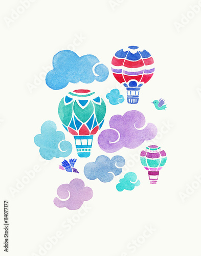 Aerostats in the sky. watercolor illustration with aerostats and clouds