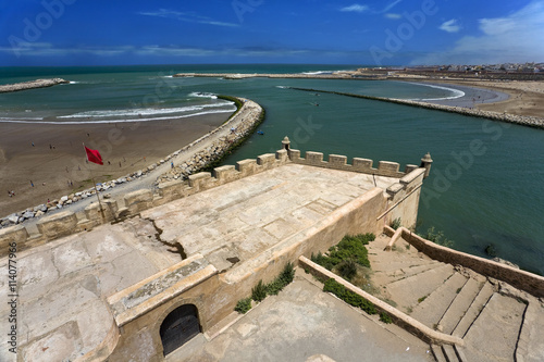 Morocco. Rabat. The Kasbah des Oudaias - general view from the semaphore platform over the ocean, the Oued Bou Regreg and Sale (river and town on the right)