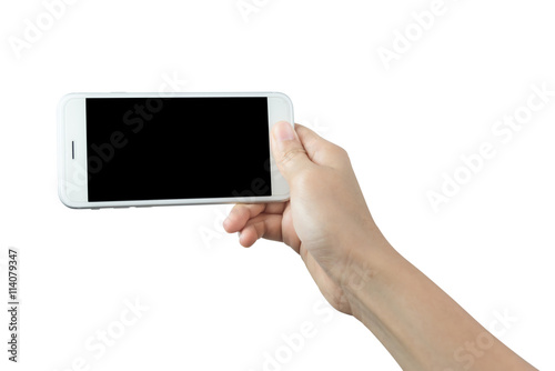 Hand holding smart phone isolated on white background, with clipping path