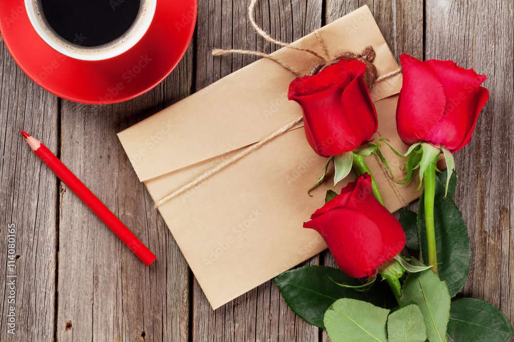 Love letter and red roses - obrazy, fototapety, plakaty 