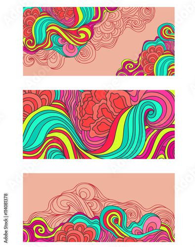 three vector wave hair doodle card  