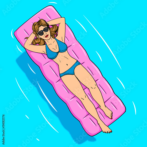 Woman lying on air mattress comic vector