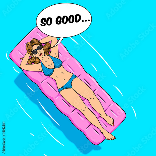 Woman lying on air mattress comic vector