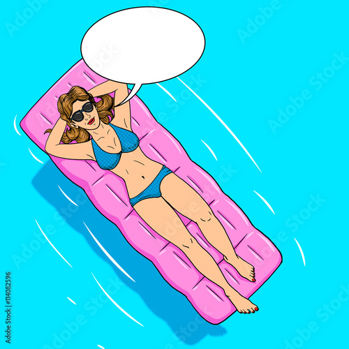 Woman lying on air mattress comic vector