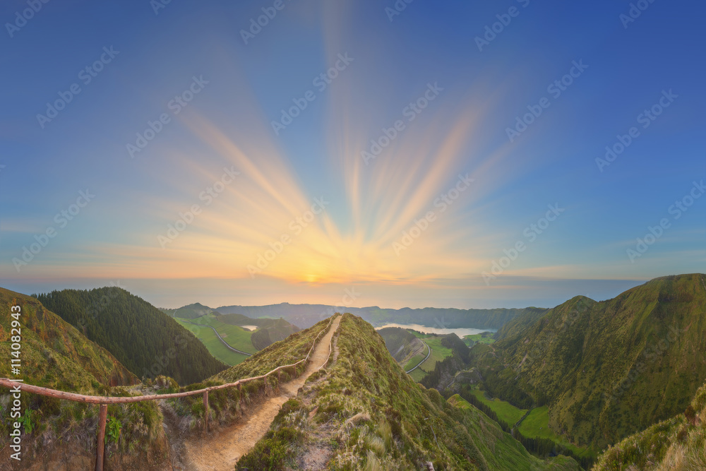 Fototapeta premium Mountain landscape with hiking trail and view of beautiful lakes, Ponta Delgada, Sao Miguel Island, Azores, Portugal