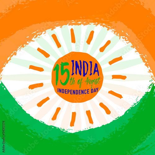 Vector illustration of Indian flag theme greeting background for 15th august Independence day with light wheel, felicitation sun logo element, grunge texture isolated on white, clipping under mask