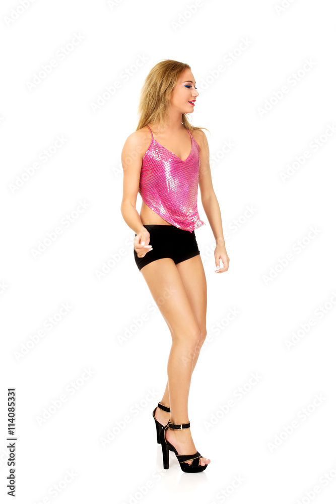 Disco woman in party clothes. Disco woman in party clothes.