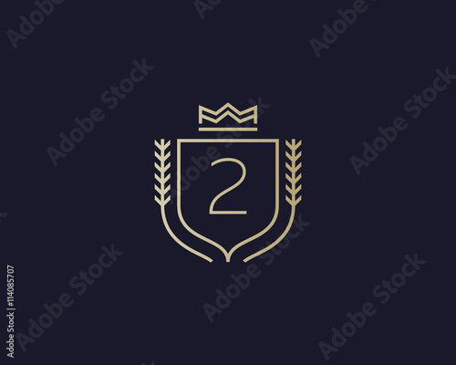 Premium number 2 ornate logotype. Elegant numeral crest logo icon vector design. Luxury figure shield crown sign. Concept for print or t-shirt .