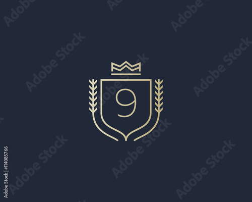 Premium number 9 ornate logotype. Elegant numeral crest logo icon vector design. Luxury figure shield crown sign. Concept for print or t-shirt .