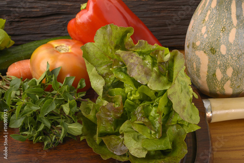 Fruits and Vegetables on Wooden Board