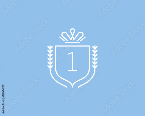 Elegant number 1 logotype. Premium numeral crest logo design. Luxury figure shield rounded crown sign. Print, t-shirt shape.