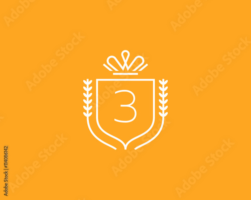 Elegant number 3 logotype. Premium numeral crest logo design. Luxury figure shield rounded crown sign. Print, t-shirt shape.