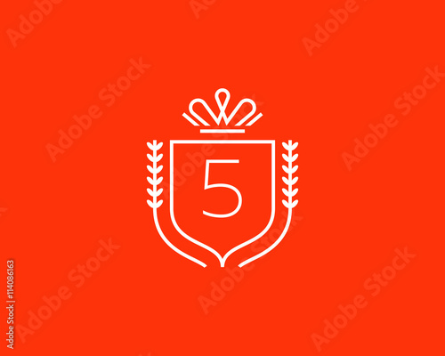 Elegant number 5 logotype. Premium numeral crest logo design. Luxury figure shield rounded crown sign. Print, t-shirt shape.