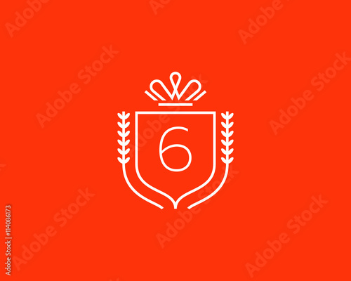 Elegant number 6 logotype. Premium numeral crest logo design. Luxury figure shield rounded crown sign. Print, t-shirt shape.