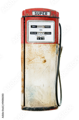 Old and rusty red fuel pump isolated on white background
