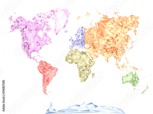 world map in polygonal style, colored by continents. Vector illustration