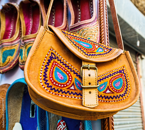 Traditional leather ethnic bag at a market