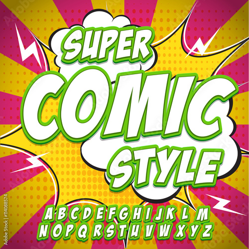 Alphabet collection set. Comic pop art style. Light green and white color version