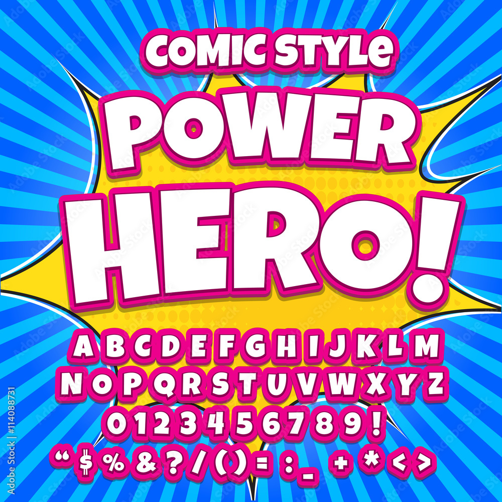 Comic alphabet set. Pink color version. Letters, numbers and figures for kids' illustrations websites comics banners