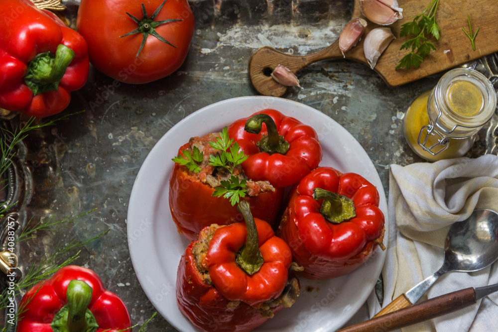 pepper stuffed with meat, rice and vegetables pepper stuffed with meat, rice and vegetables
