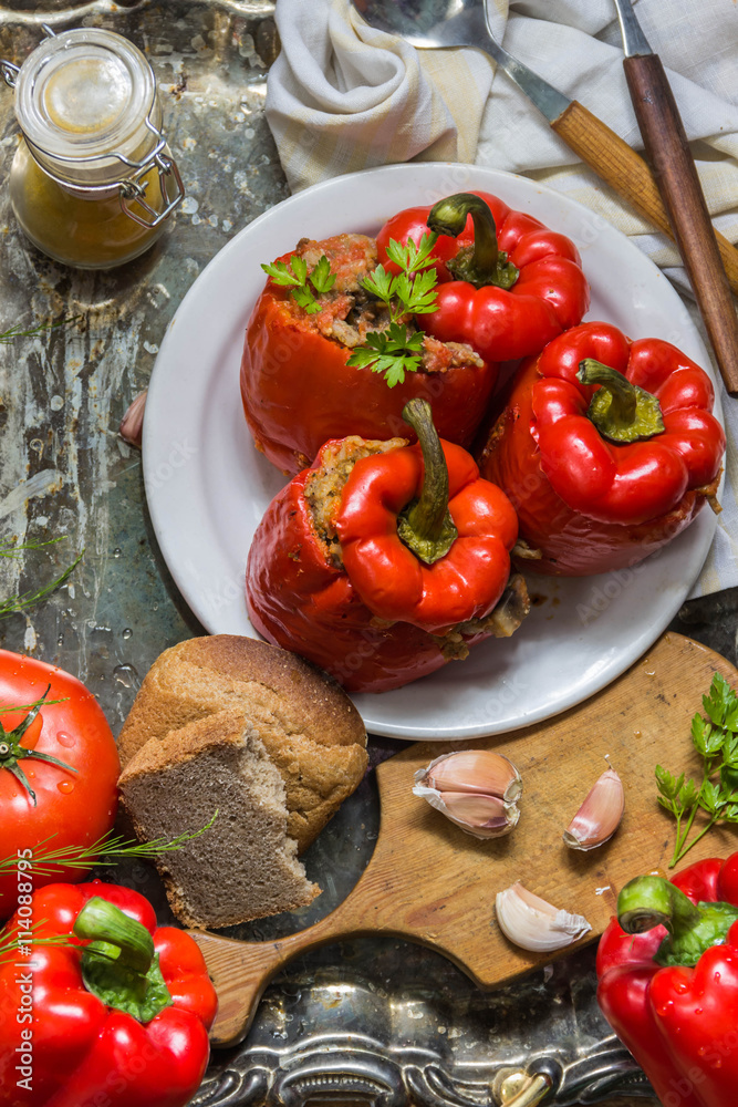 pepper stuffed with meat, rice and vegetables pepper stuffed with meat, rice and vegetables