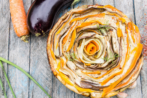 Vegetable tart of carrots,zucchini and eggplant
