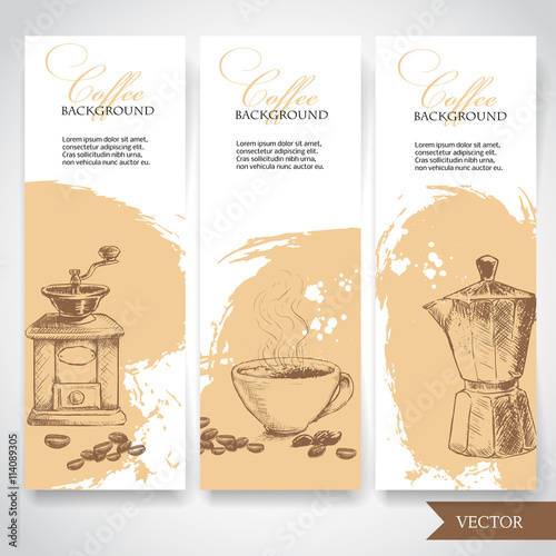Set of coffee banners. Vintage hand drawn design elements. Vintage coffee machine, cup of coffee and geyser coffee pot.