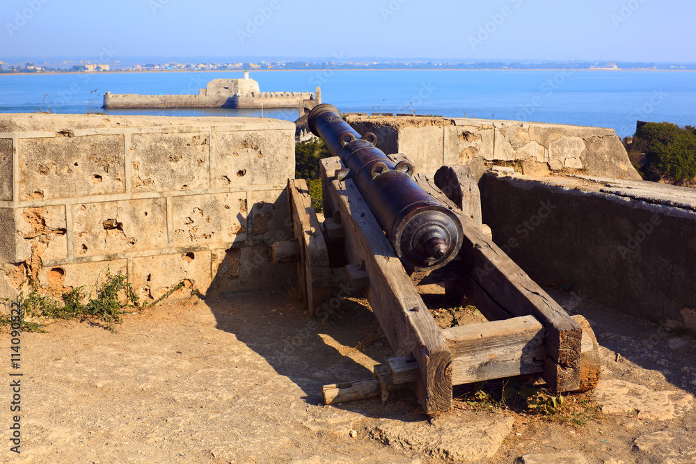 Old cannon in Diu Fort and view of sea fort - Pani Kotha. Diu, India