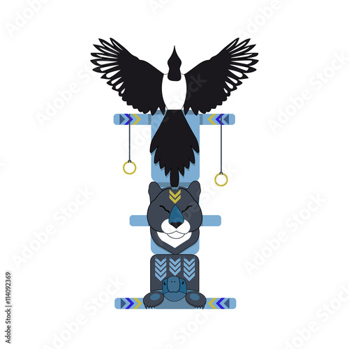 Colored north indian totem pole, vector illustration. Magpie totem. 