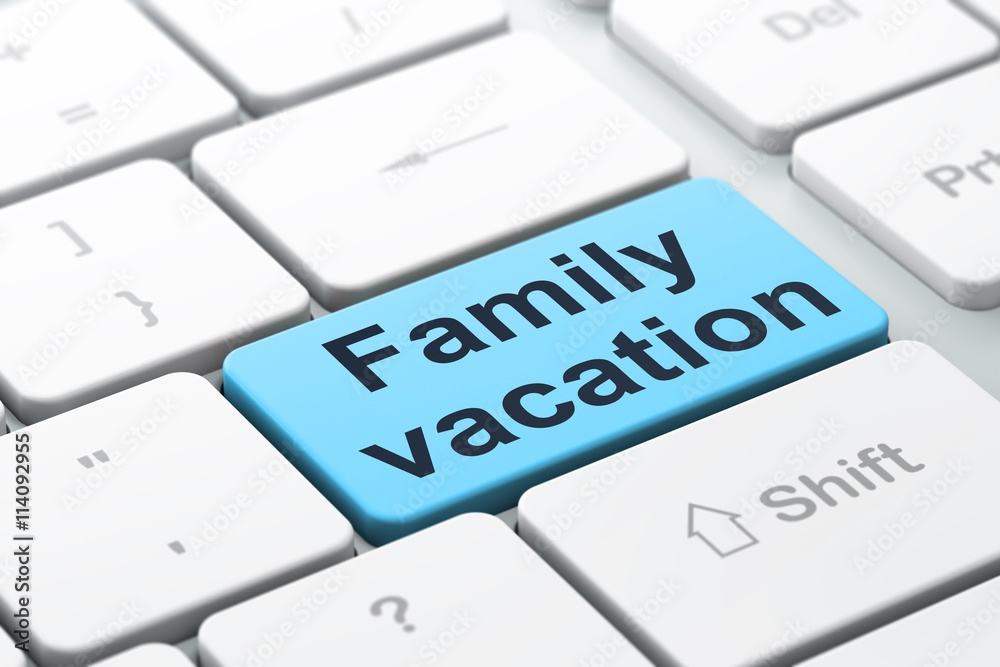Tourism concept: Family Vacation on computer keyboard background Tourism concept: Family Vacation on computer keyboard background