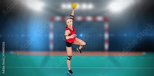 Composite image of female athlete throwing handball