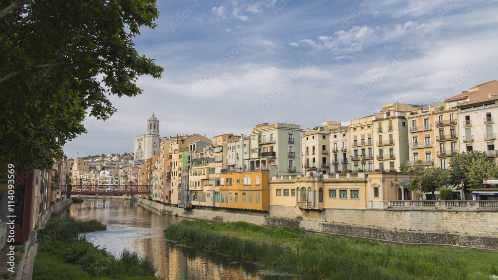 Girona city main skyline with cathedral landmark in Catalonia, Europe