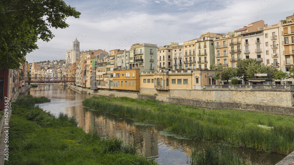 Girona city main skyline with cathedral landmark in Catalonia, Europe