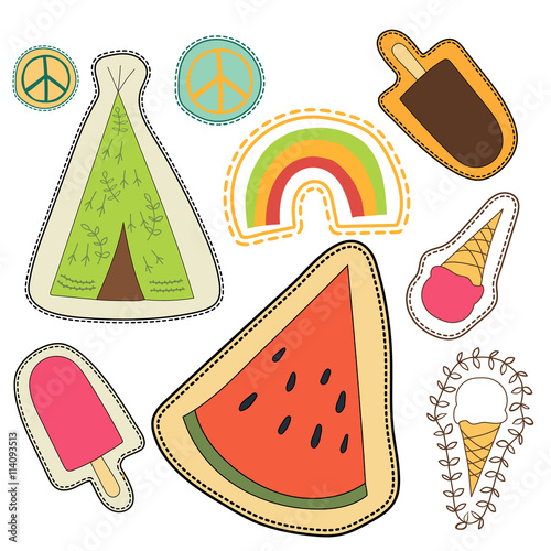 happy embroidery colorful patches collection. vector illustration for stickers, patches, magnets, greeting card decoration