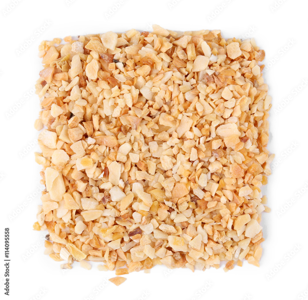 Square of dried chopped garlic on white background Square of dried chopped garlic on white background