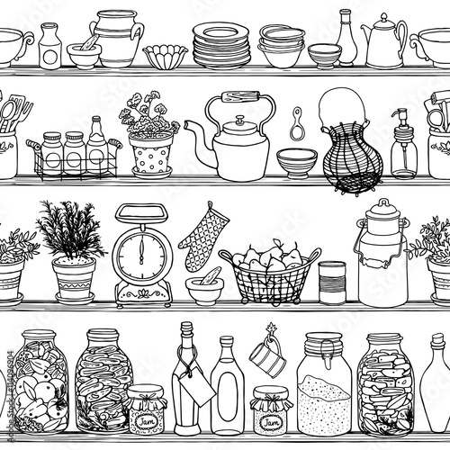 Retro kitchen vector seamless pattern food and dishes