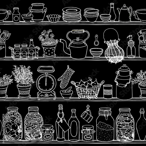 Retro kitchen vector seamless pattern food and dishes on blackbo