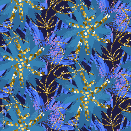 Abstract indigo blue batik flower pattern. Blue violet pattern background, seamless border texture with gold glitter accents.