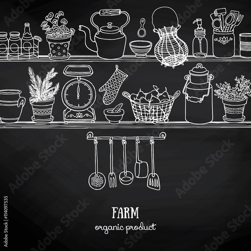 Side view kitchen shelves with food and dishes on chalkboard